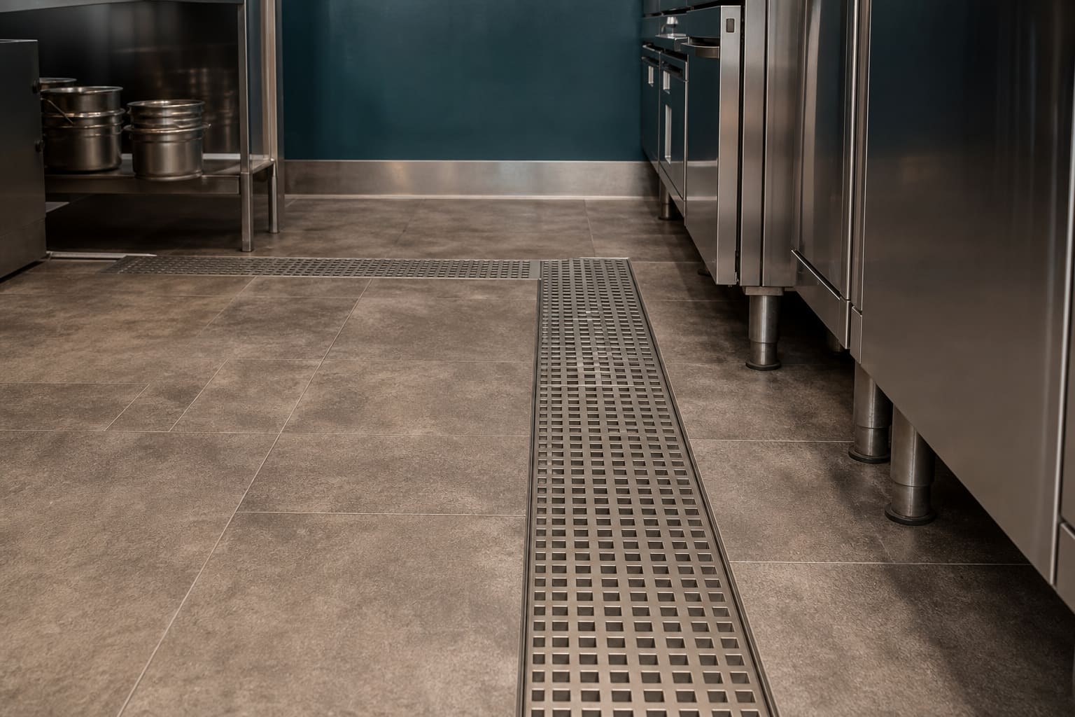 Commercial kitchen floor drains and wash-down area
