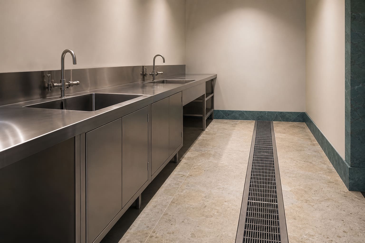 Wide view of commercial kitchen drainage context — Micklegate, York