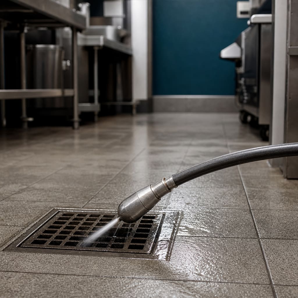 Drain jetting clearing a York commercial kitchen line