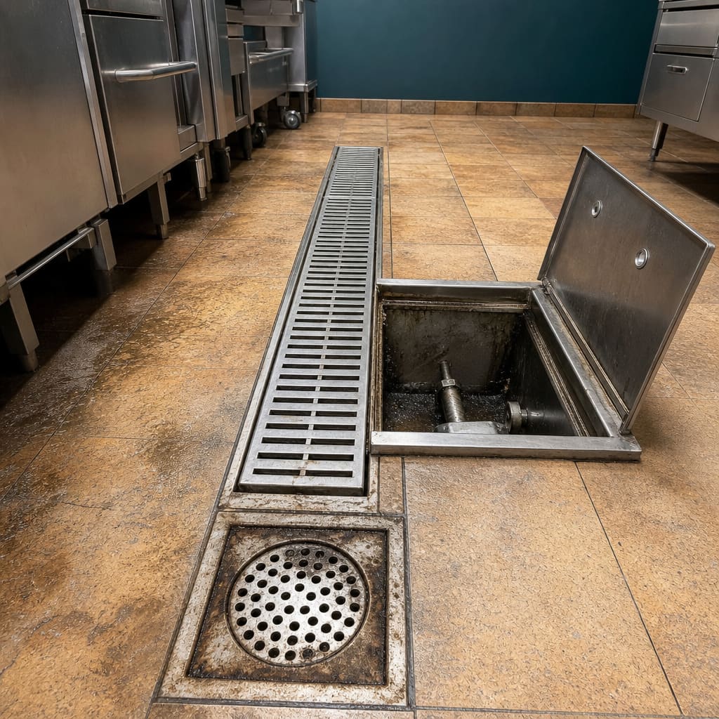 Kitchen drainage survey walkthrough in a York food business